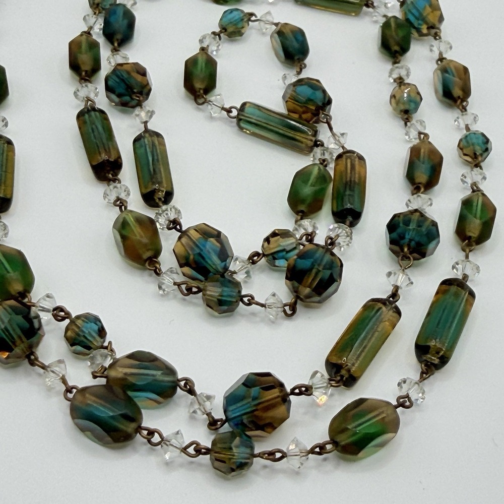 Art Decor Green & Amber Glass Beaded Necklace Iridescent 26" Vintage Craft Artsy